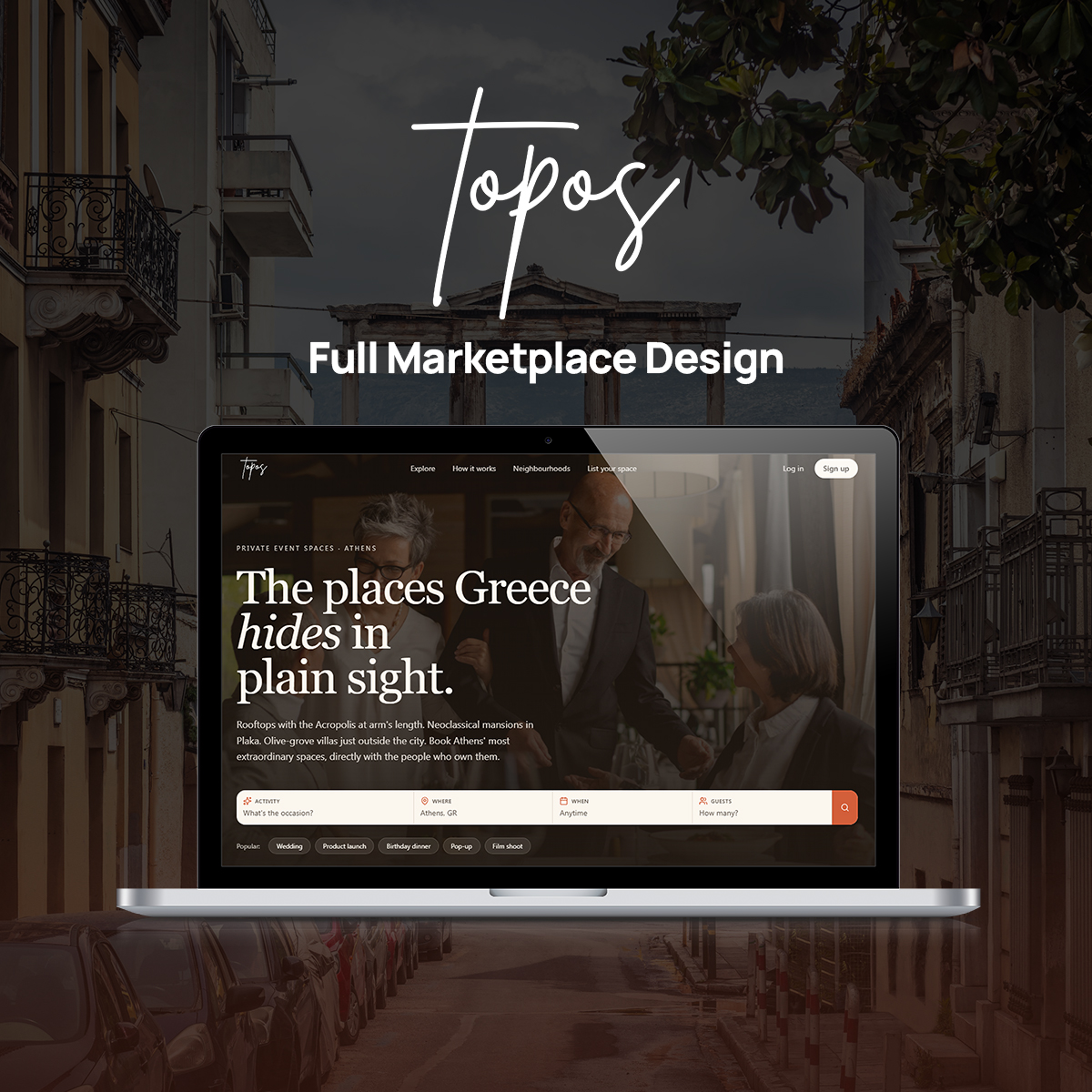 Topos Venue Marketplace, Finding and booking Athens' private event spaces, and running them from the host's side.